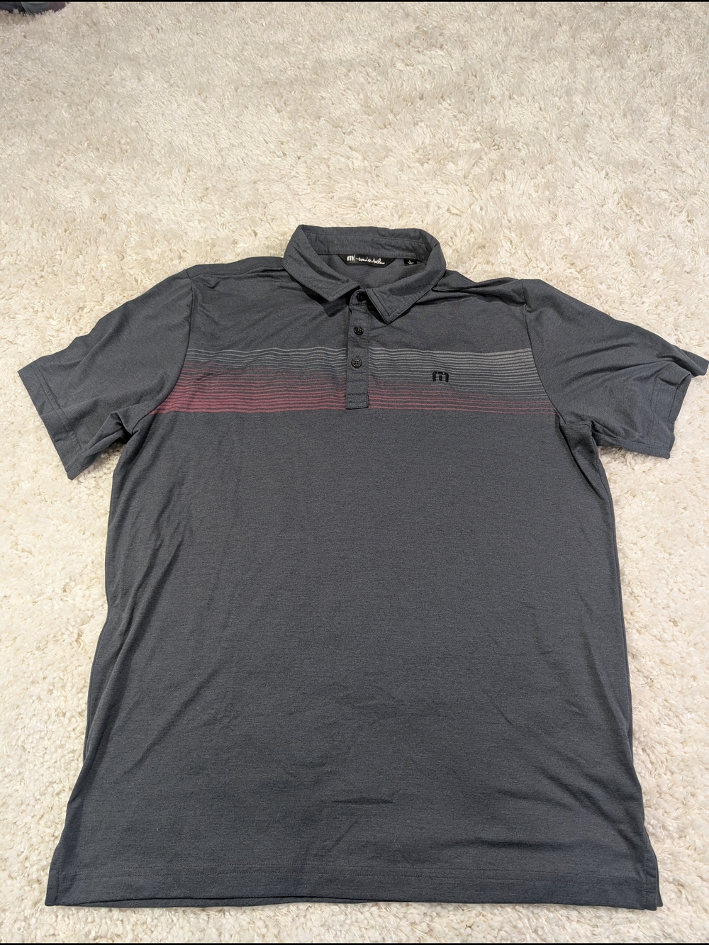 Travis Mathew Dark Gray Polo with Subtle Red and Light Gray Stripes - Picture 2 of 3